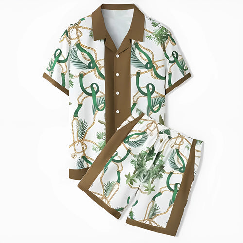 Men's plaid print polyester beach outfit consisting of a short-sleeve shirt and matching trousers.