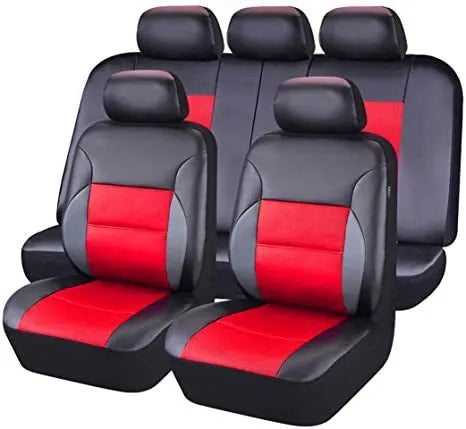 Artificial leather car seat covers in a choice of colours, shown in 2-piece, 4-piece, and 9-piece set configurations.