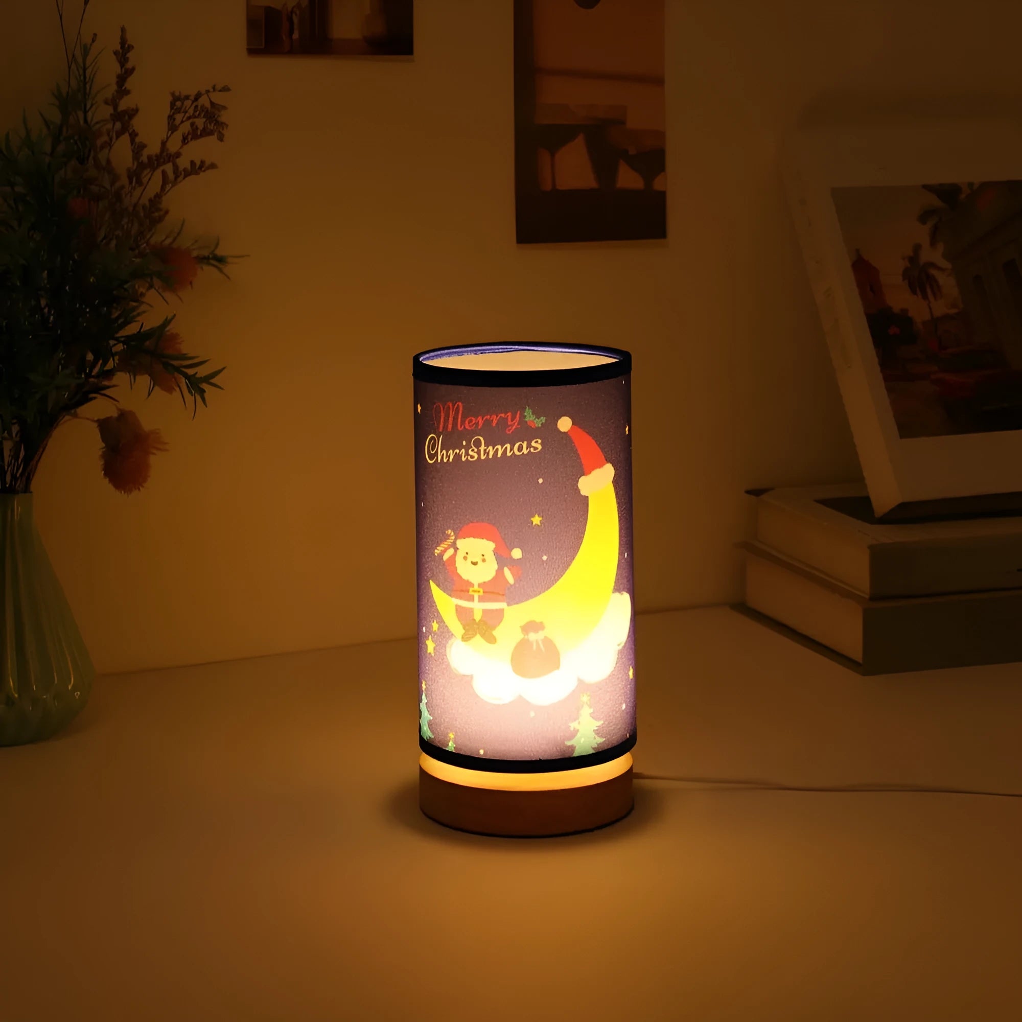 Moon Santa Claus LED night light with bamboo holder and USB plug