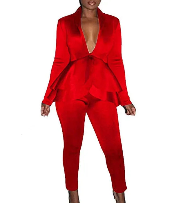 Business casual shirt and pencil pants set in polyester fabric on a hanger.