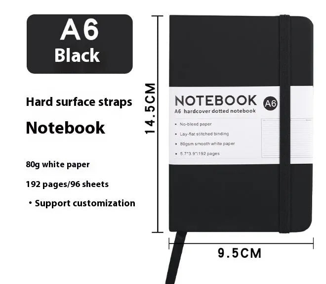A5 soft-touch PU leather diary with a strap closure, shown open on lined white paper pages.