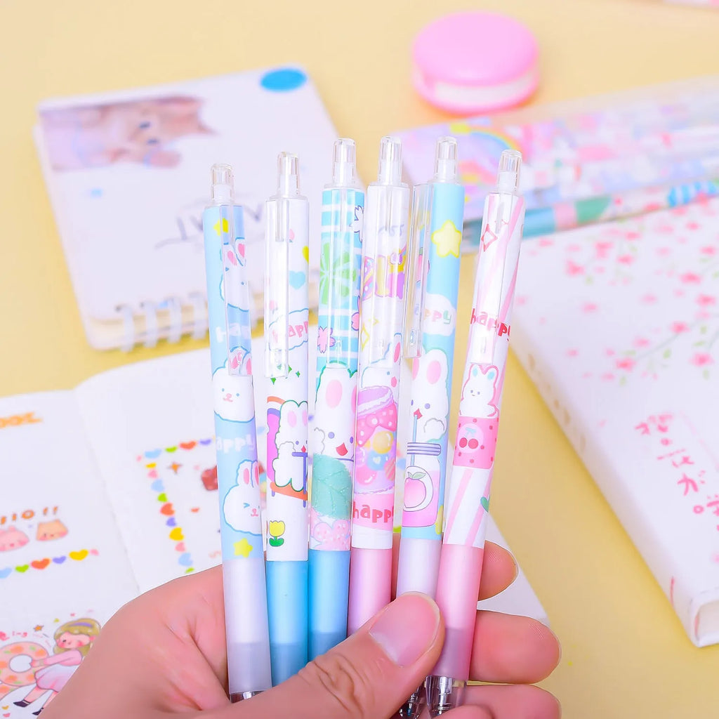 Six cartoon bunny decorated black ballpoint pens with 0.5mm tips on a white background.