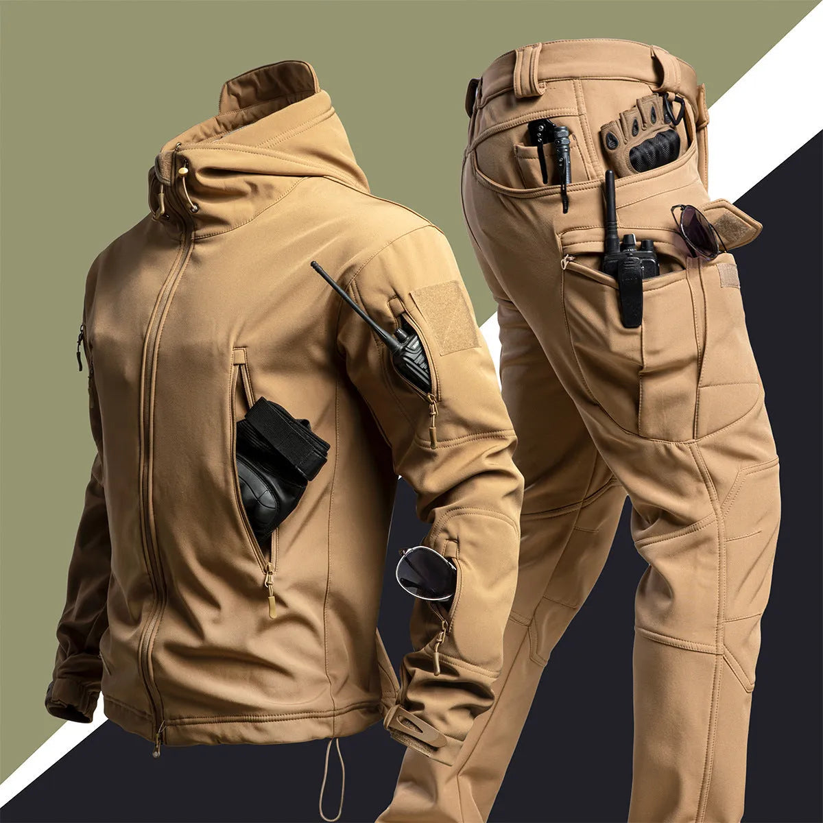 Camouflage winter shell jacket suit set for men with jacket and trousers, waterproof and windproof