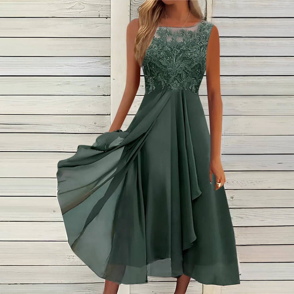 Women's sleeveless stitching lace and chiffon dress in blue, green, or purple, showing midi length and princess style.