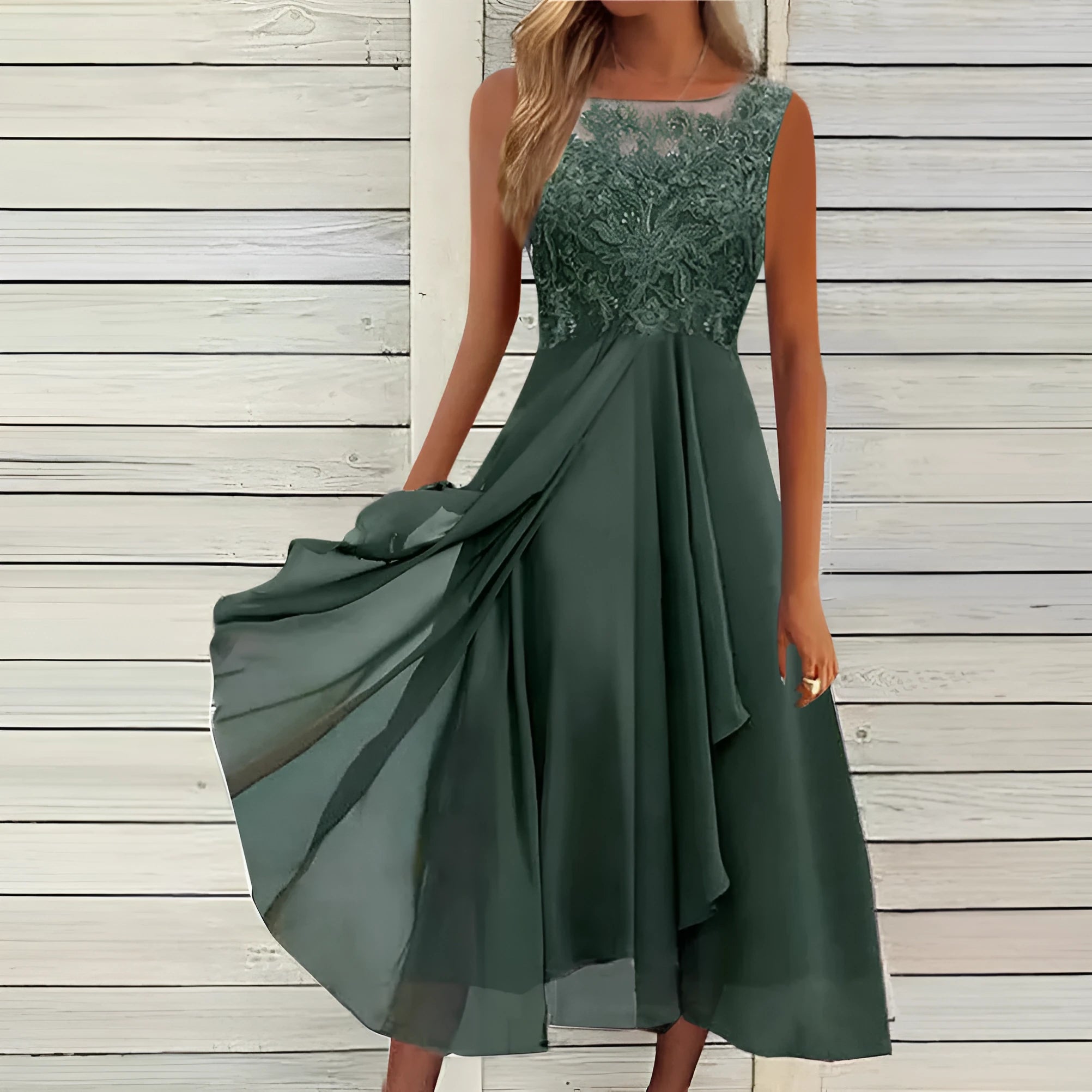 Women's sleeveless stitching lace and chiffon dress in blue, green, or purple, showing midi length and princess style.