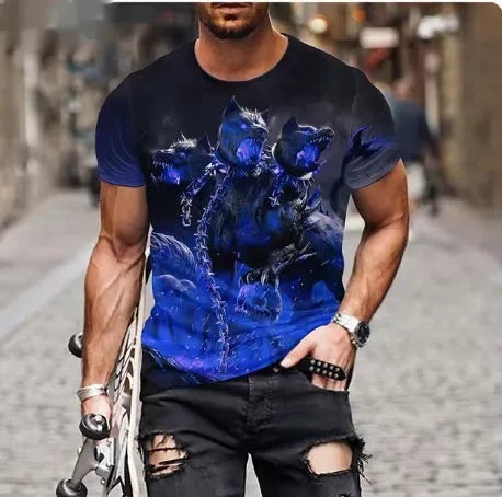 Men's grey T-shirt with a bold red 3D lion print on the chest.