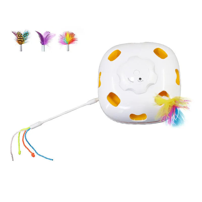 Automatic cat teaser toy with moving wand in picture colour design, measuring 19.8x11.5x19.5cm