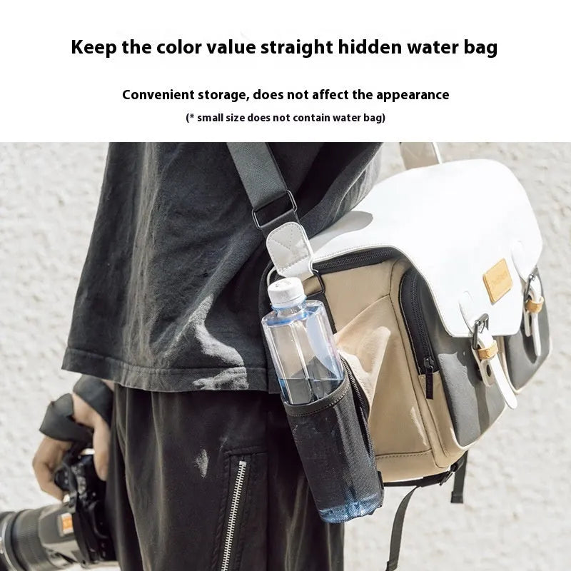 Japanese one-shoulder camera bag in solid colour, with physiological curve backplane and anti-scratch compartments