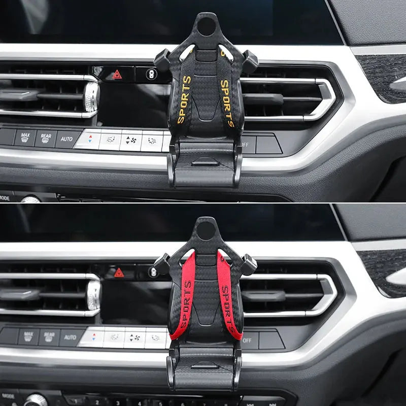 Gold and red car air vent phone holder with racing seat shape and 360-degree rotation
