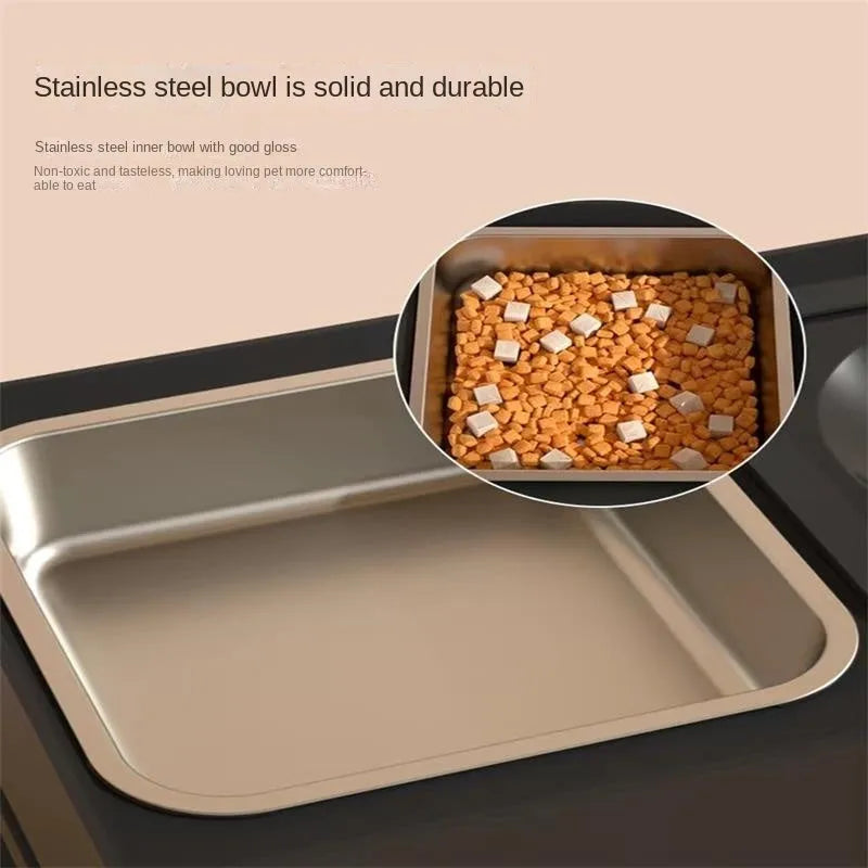 Adjustable dog bowl stand with stainless steel bowls in grey, set to middle height for a medium-sized dog