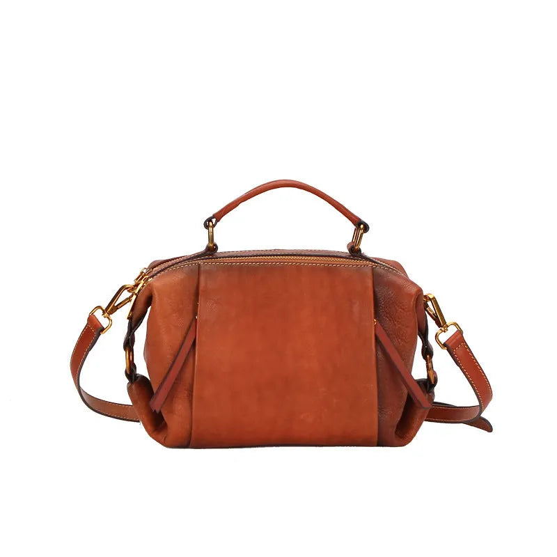 Genuine leather women's shoulder bag in pillow shape with top grain leather, open pocket and choice of Brown, Coffee, Gray or Green.