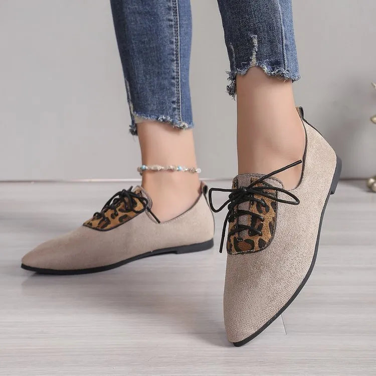 Beige leopard print pointed toe court shoes for women in plus sizes with artificial PU uppers and rubber soles