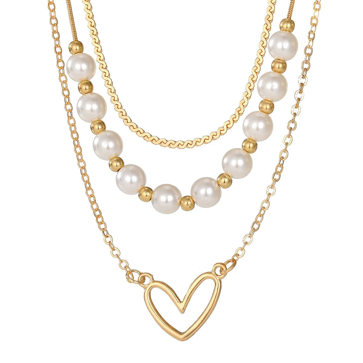 Vintage gold necklace with heart pendant on pearl chain, adjustable length 41-50cm