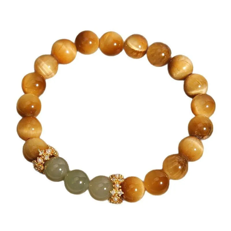 Natural Yellow Tiger's Eye and Hetian Jade bracelet with gold gourd pattern, U-shaped design