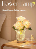 Crystal flowers touch dimmable table lamp on bedside table with charging cable