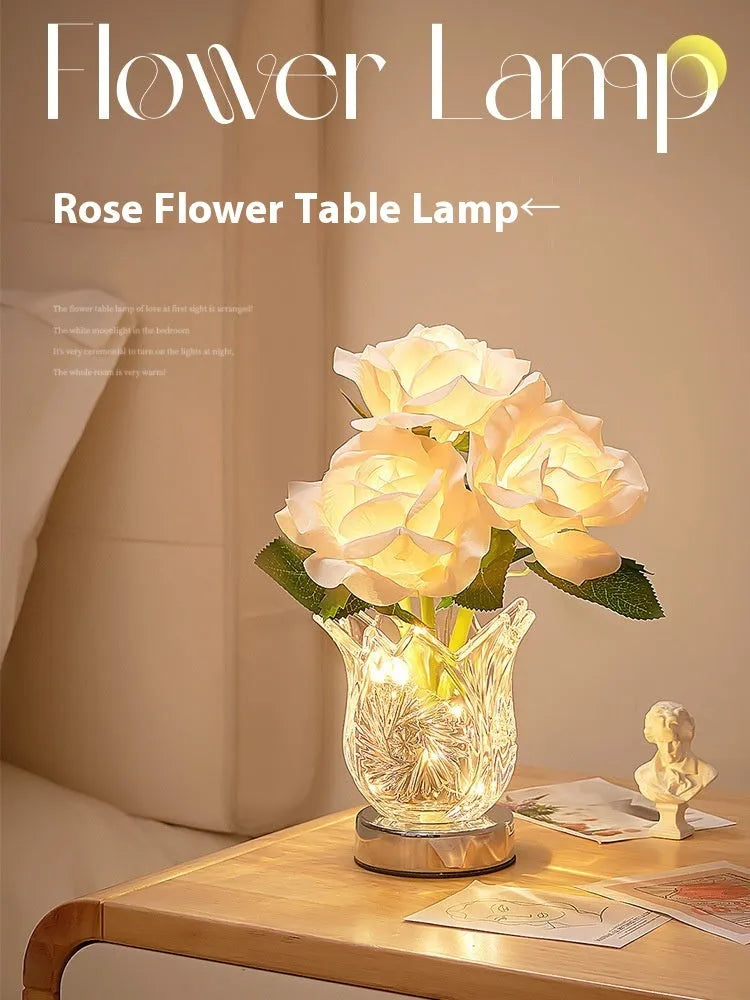 Crystal flowers touch dimmable table lamp on bedside table with charging cable