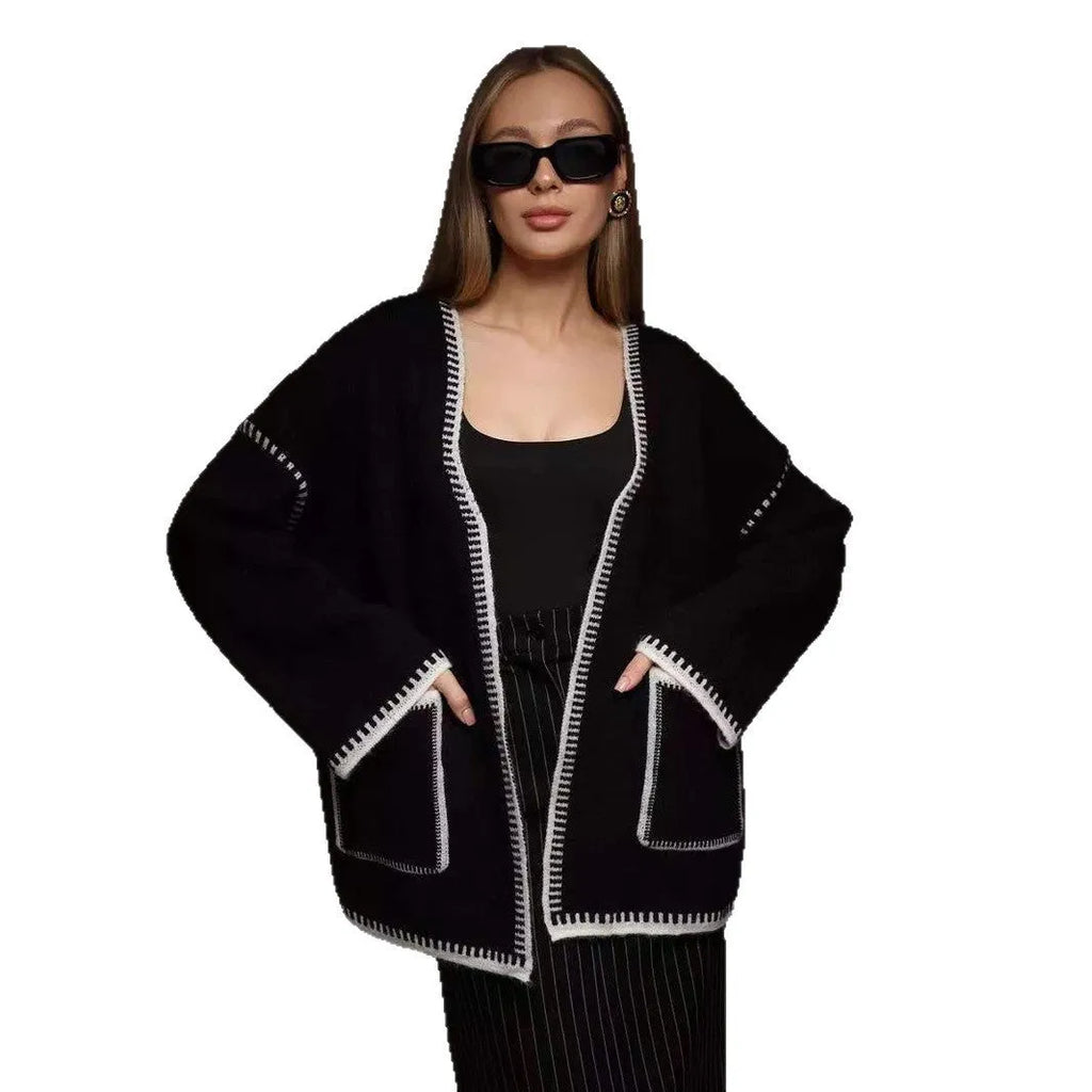 Loose fit knitted cardigan sweater coat in camel colour with long sleeves