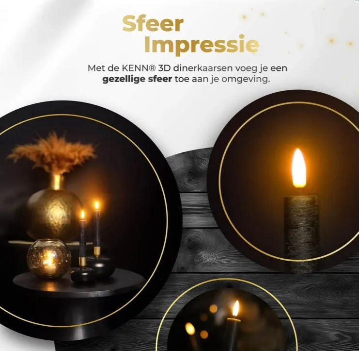 Black S2 3D Flame LED Taper Candle showing realistic flickering effect at 18cm height
