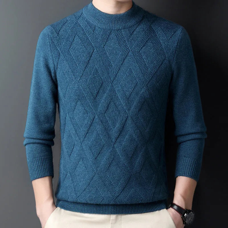 Men's thick diamond jacquard knit sweater in light camel colour, a plus-size winter pullover.