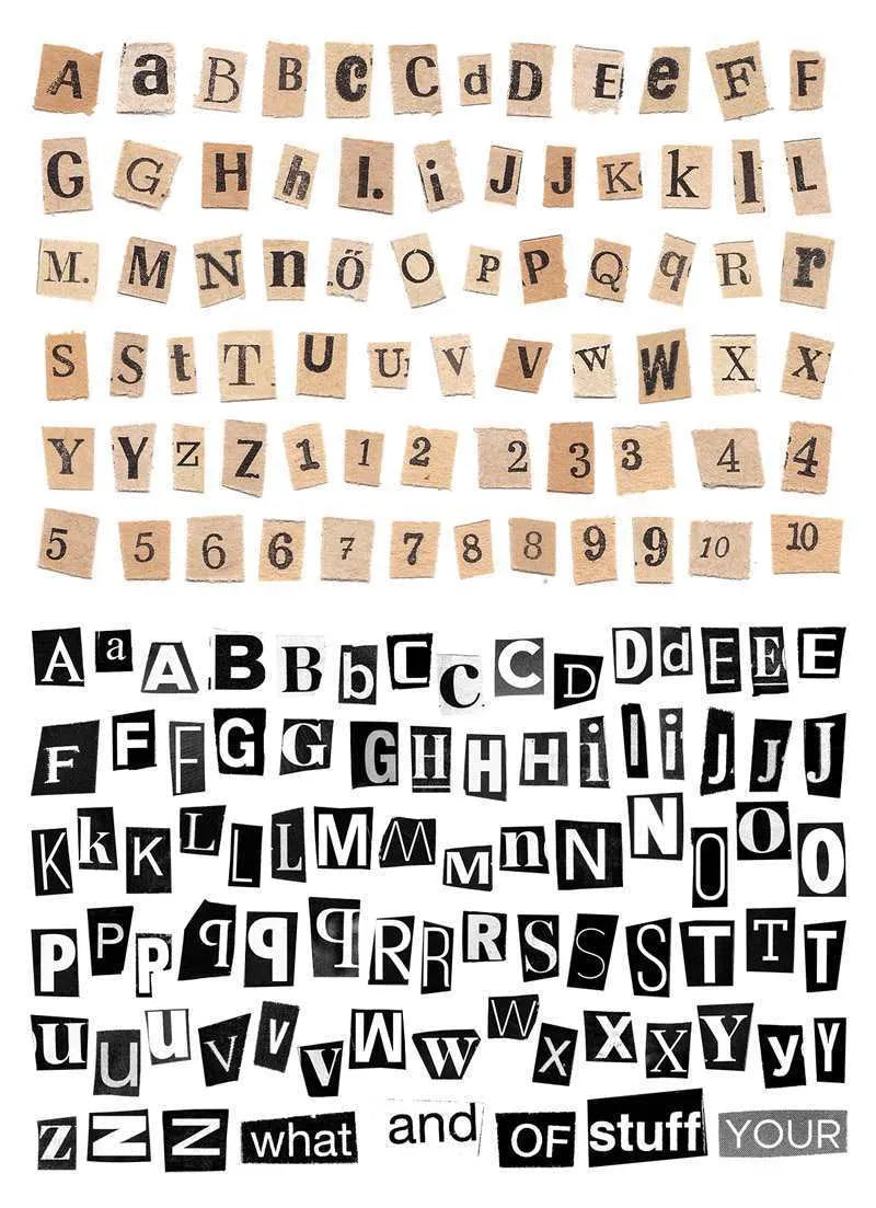 A set of cute-style decoration stickers showing printed English letters and weekly words like Monday, Tuesday.
