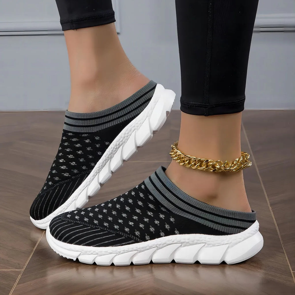 Women's striped Flyknit slipper shoes in sport style with hollow-out design and height increasing soles