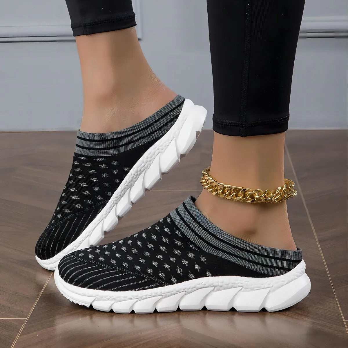 Women's striped Flyknit slipper shoes in sport style with hollow-out design and height increasing soles