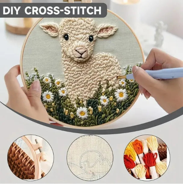 Cute cartoon embroidery pin punch kit with sheep style cloth material and hand-woven craft