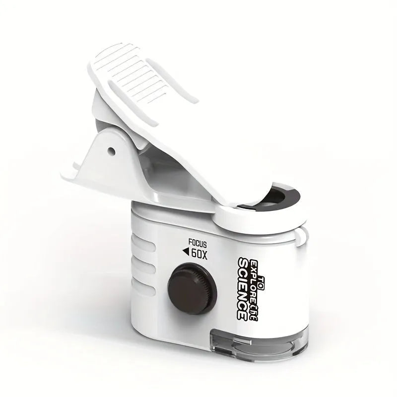 Pocket microscope with detachable clip for smartphone cameras showing 60x magnification and LED light