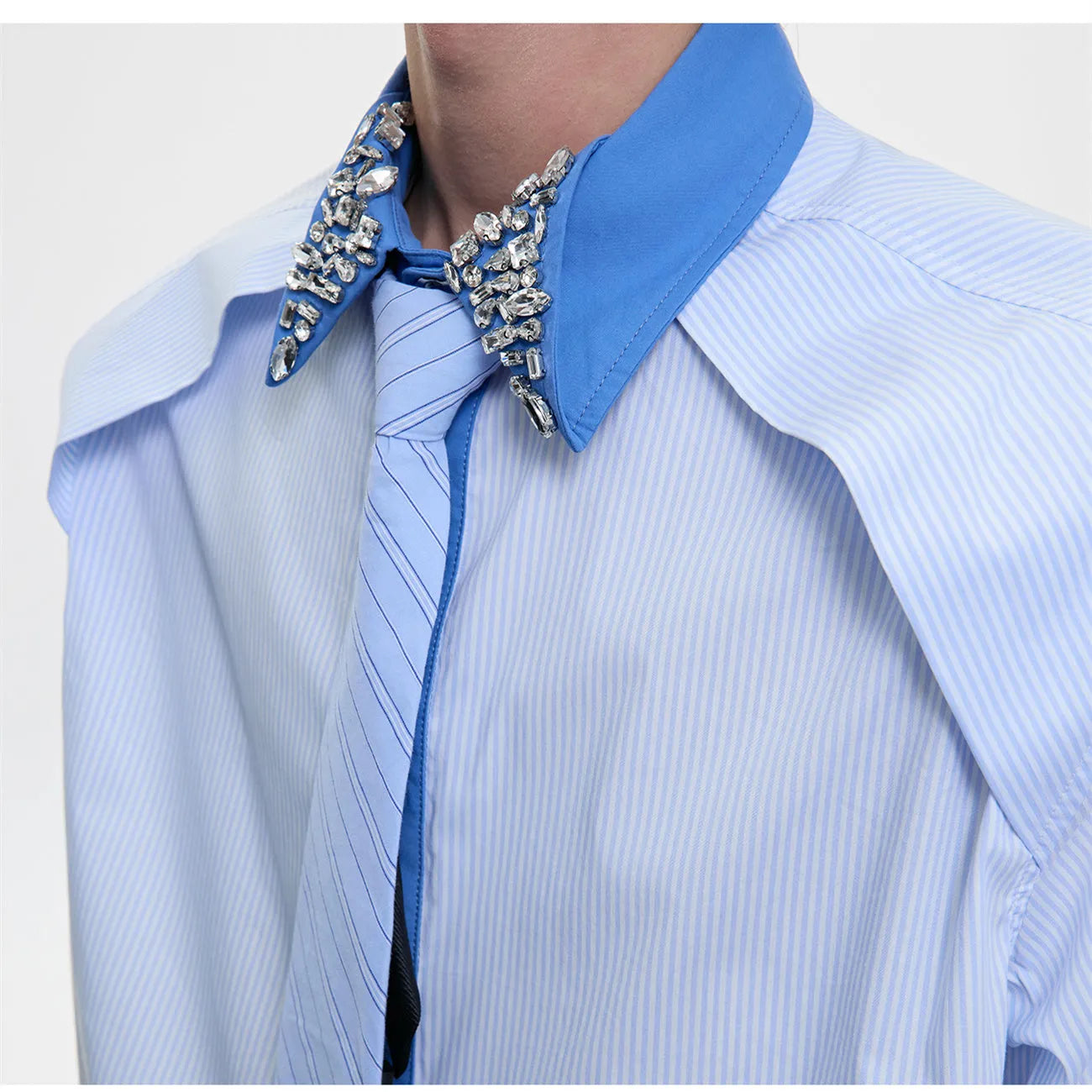Men's blue striped shirt with diamond tie patchwork quilting, flip collar, and button decorations on loose fit cotton blend fabric