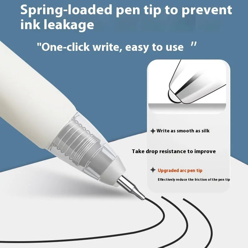 A pack of 10 quick-drying bullet pen refills in black, blue, red, and ink blue colours.