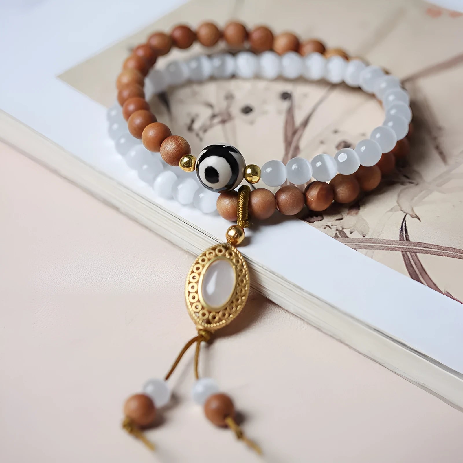 Sandalwood opal double ring bracelet with Tibetan beads and polished mixed-material finish