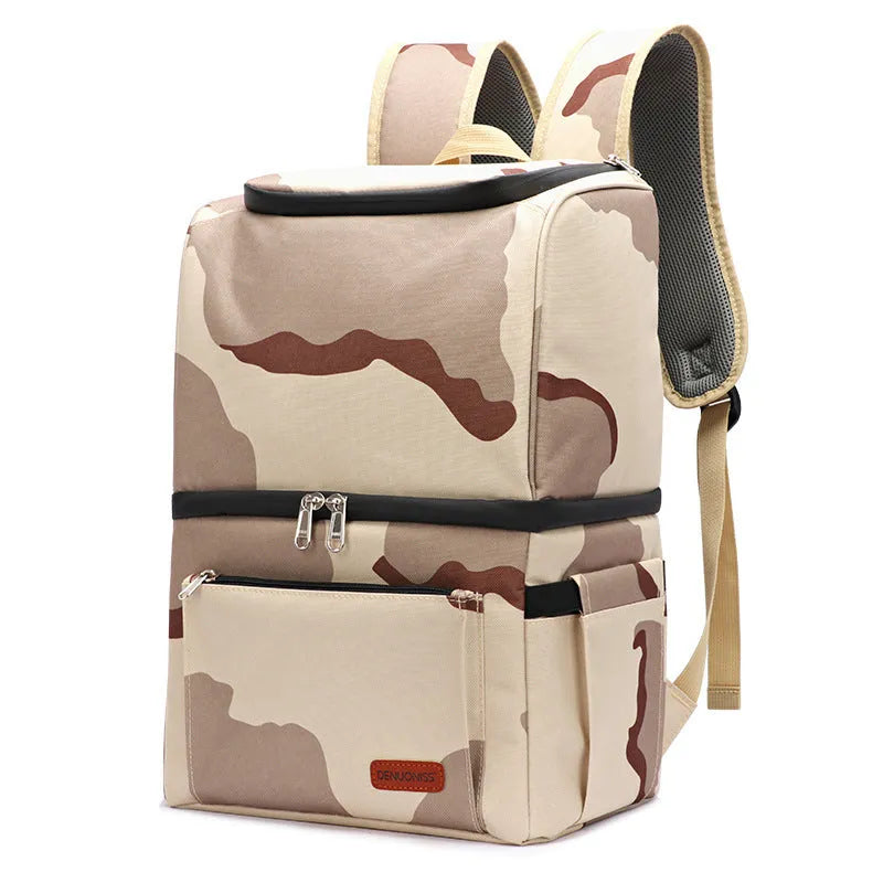 Blue double layer insulated backpack with large main compartment and adjustable straps.