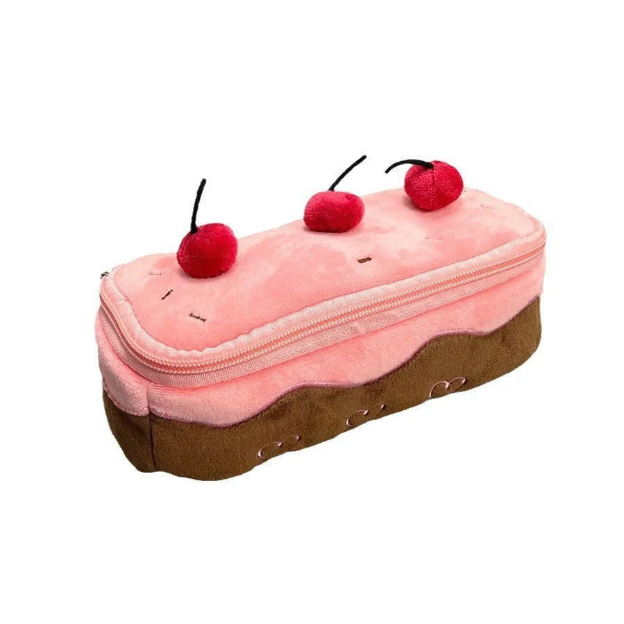 Cherry cake print velvet pencil case with a zip, shown closed.