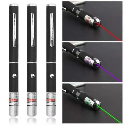 Three metal laser pens in green, purple, and red light colours for dog and cat chasing play