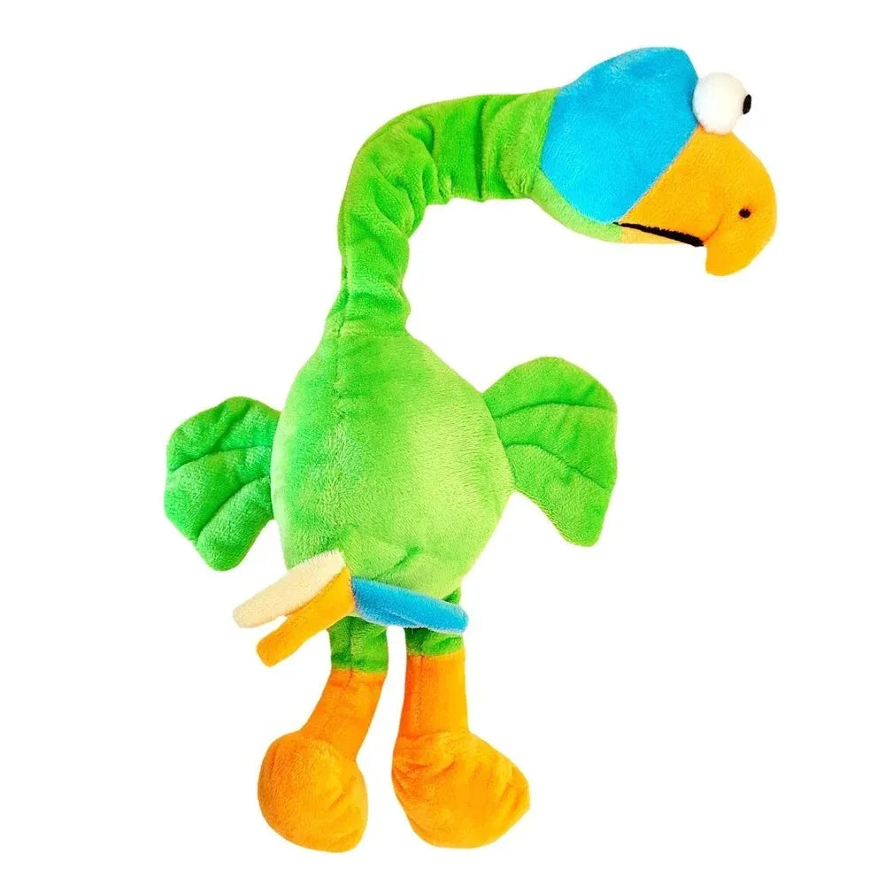 Chicken-shaped plush dog toy with screaming sound and squeaky function in black, green or orange colours