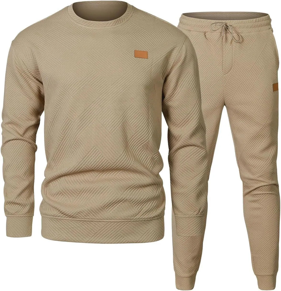 Men's round neck sweater set with long sleeve top and trousers in polyester blend, shown in black, beige, gray, khaki and army green