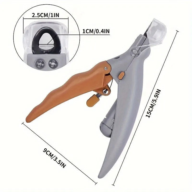 Yellow LED pet nail trimmer with magnifying glass catcher and light-up cutting head
