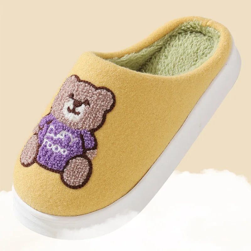 Lovely cartoon bear woolen slippers for women with plush upper and synthetic wool lining in dark blue