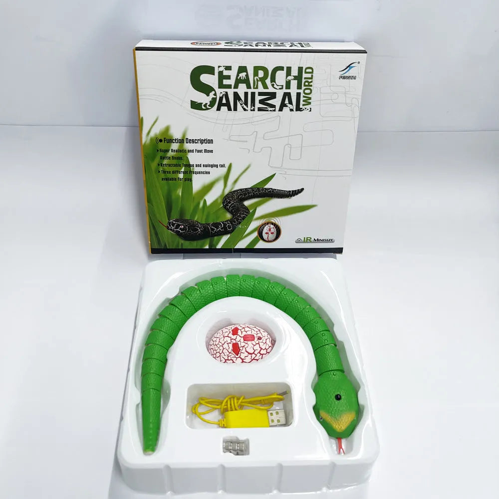 Smart sensing interactive snake cat toy with segmented body and USB charging port.