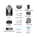 White folding quadcopter drone with camera and propellers, shown with remote control and shoulder bag.