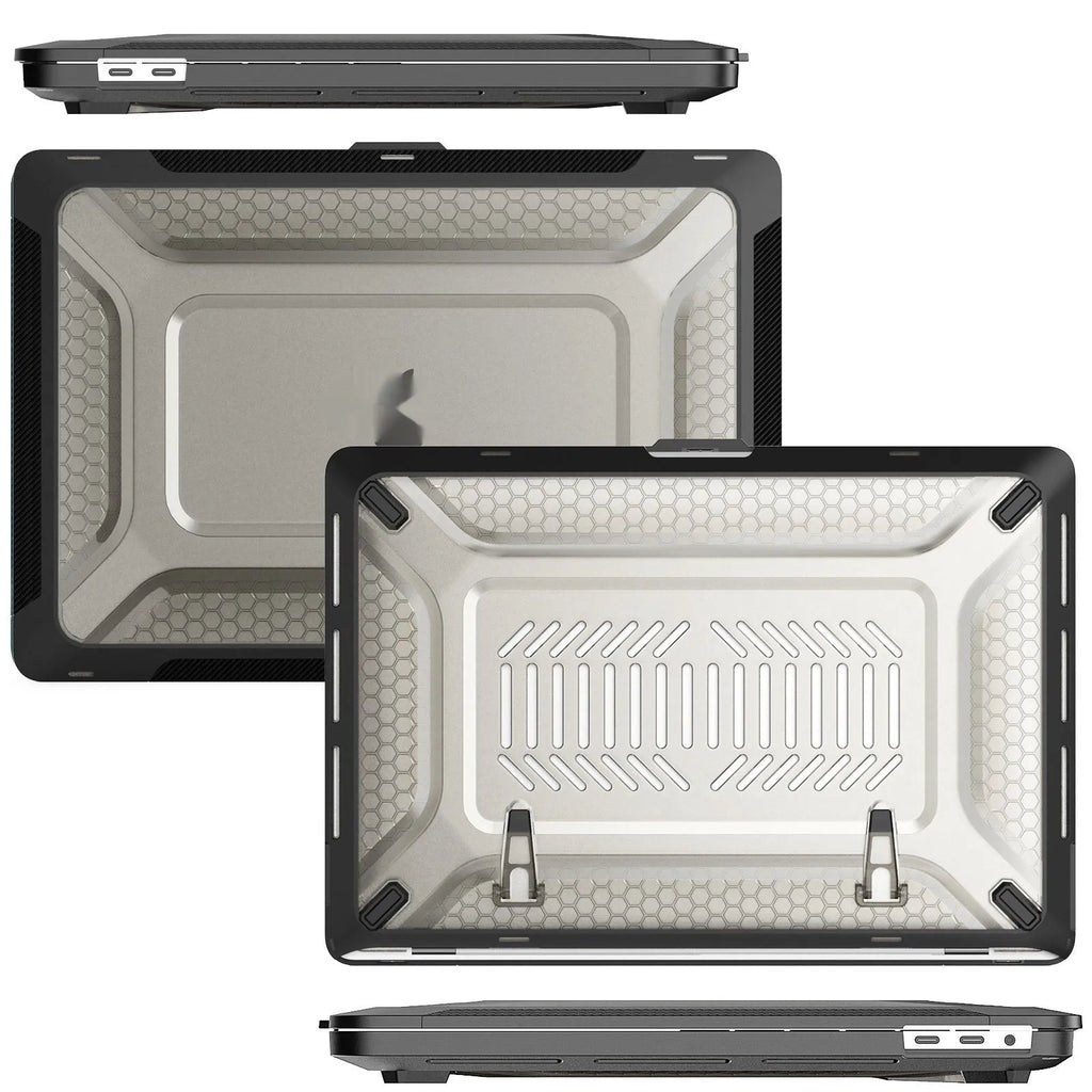 MacBook protective case in four colour options: cold black, grey, apricot, and blue.