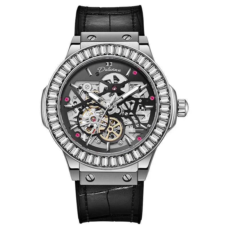 Automatic mechanical men's watch with hollow movement, diamond studding, and white shell case