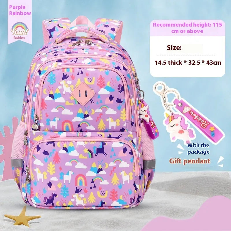 Blue dinosaur pattern children's waterproof school backpack with curved shoulder straps.