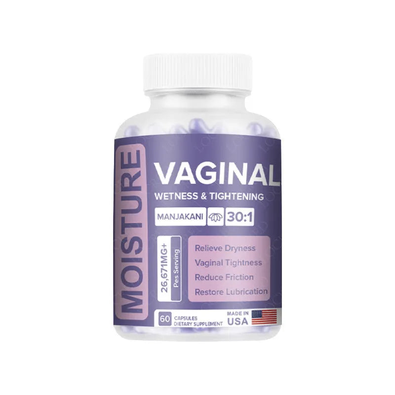 Bottle of 60 vaginal capsule supplements for women's intimate health with herbal extract formula