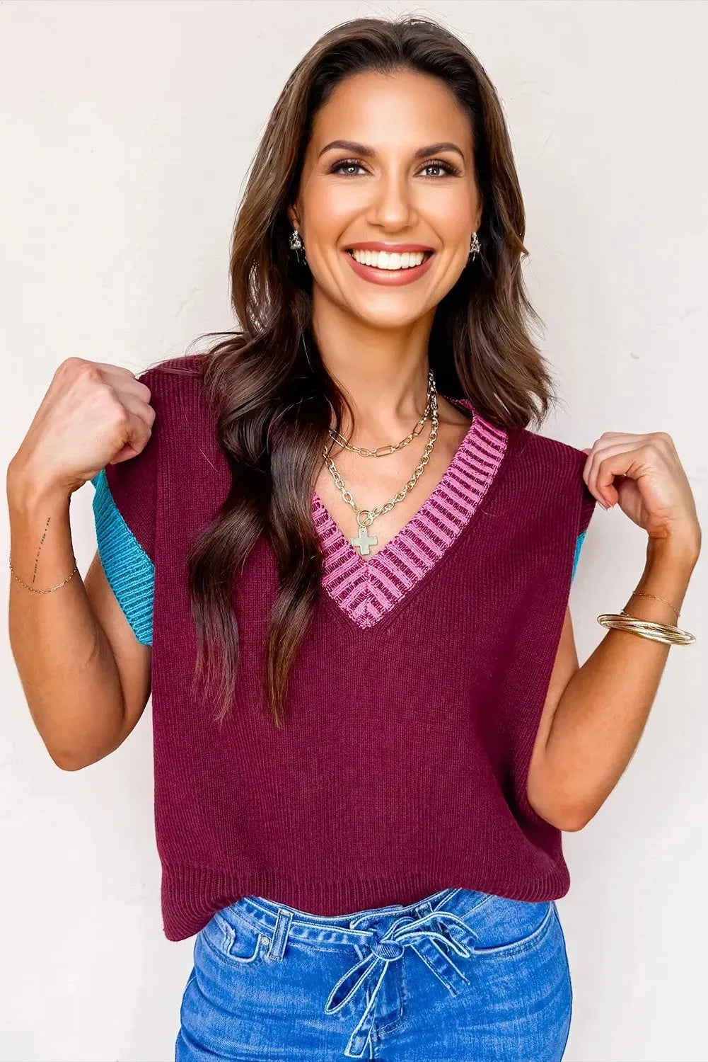 Burgundy women's V-neck short sleeve sweater with contrast trim cuffs and loose fit