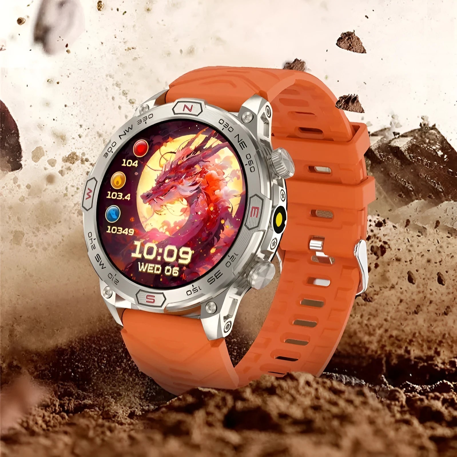 Black sports smartwatch with AMOLED display on a liquid silicone strap, showing fitness stats.