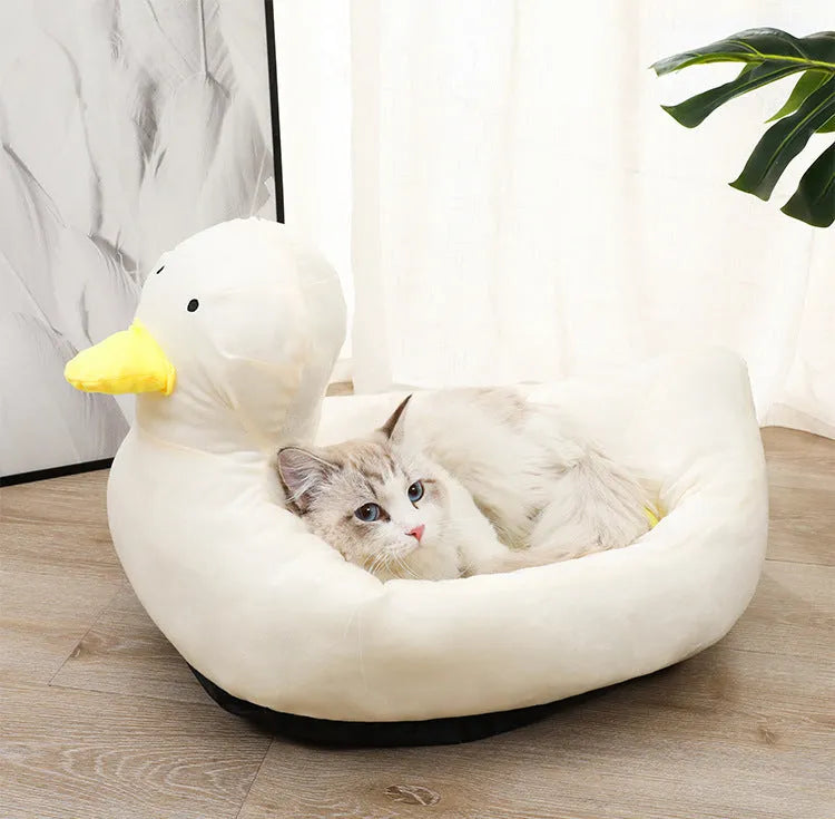 Blue duck-shaped pet bed for small dogs and cats with soft polyester material