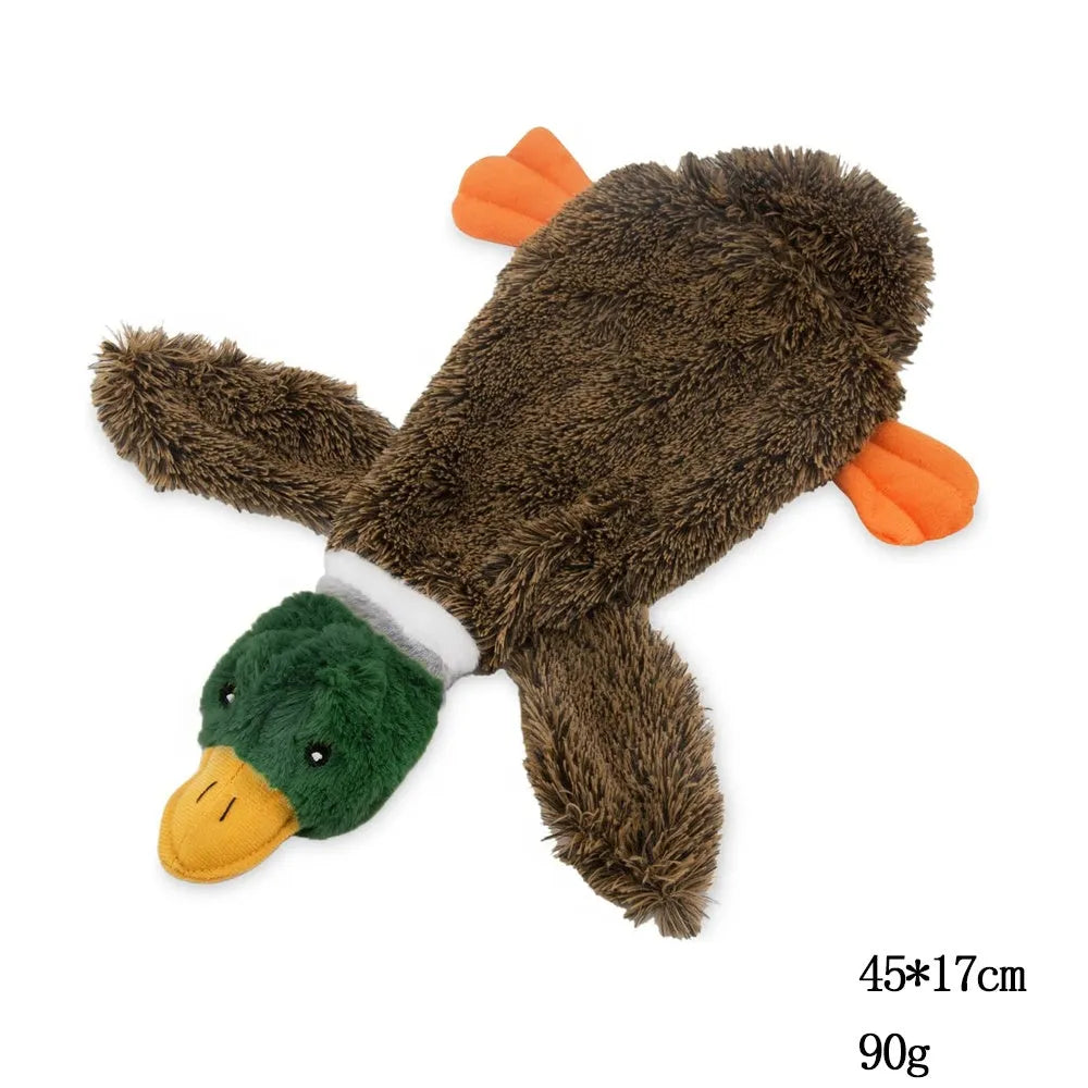 Wild Duck 2-in-1 stuffless dog toy with soft plush fabric and protected squeakers