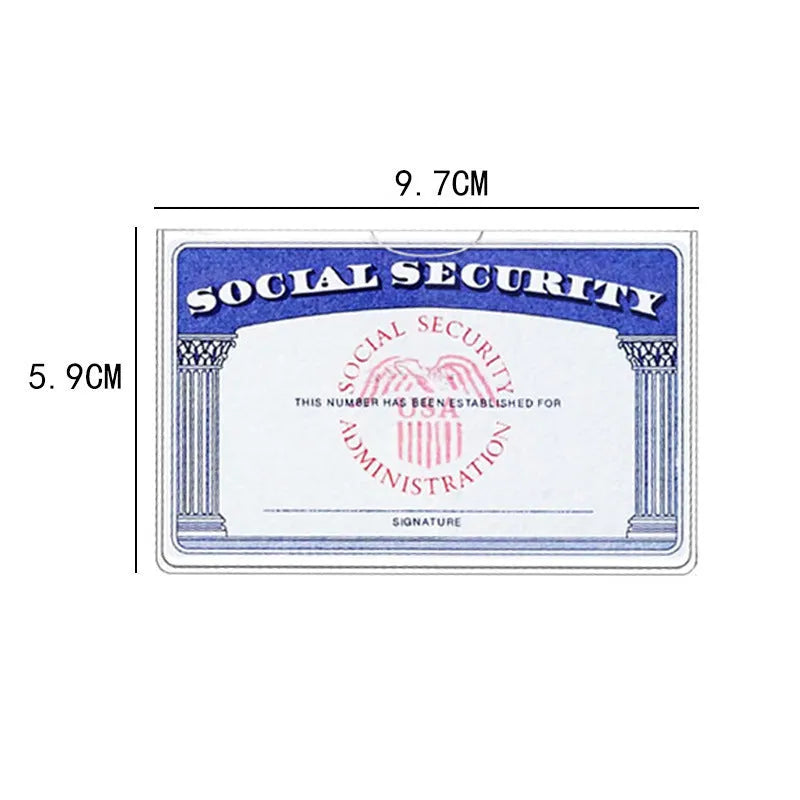 Clear PVC waterproof holder for a social security card, sized 9.7 by 5.9 centimetres.