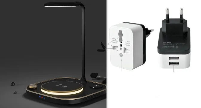 Alpharan three-in-one wireless magnetic charger desk lamp with 15W fast charging in black, showing a phone on the charging base and the lamp on